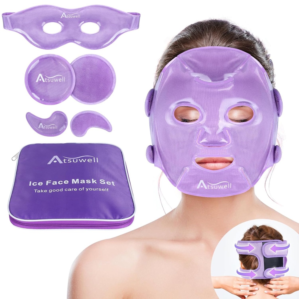 Atsuwell Cooling Ice Face Eye Mask komplekt tumedate ringide ja paistetuse jaoks, 6 Gel Cold Packs näole, silmadele, Soft Plush Lining Ice Pads Cold Compress, Lõõgastav, Cool Bag Kaasas
