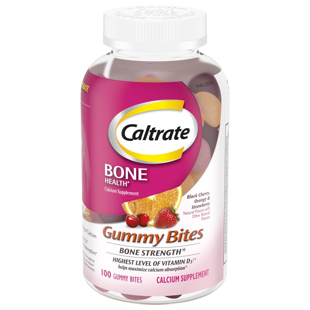 Caltrate Gummy Bites 500 mg Kaltsium ja D-vitamiini täiendus, Black Cherry, maasikas, Orange - 100 Count