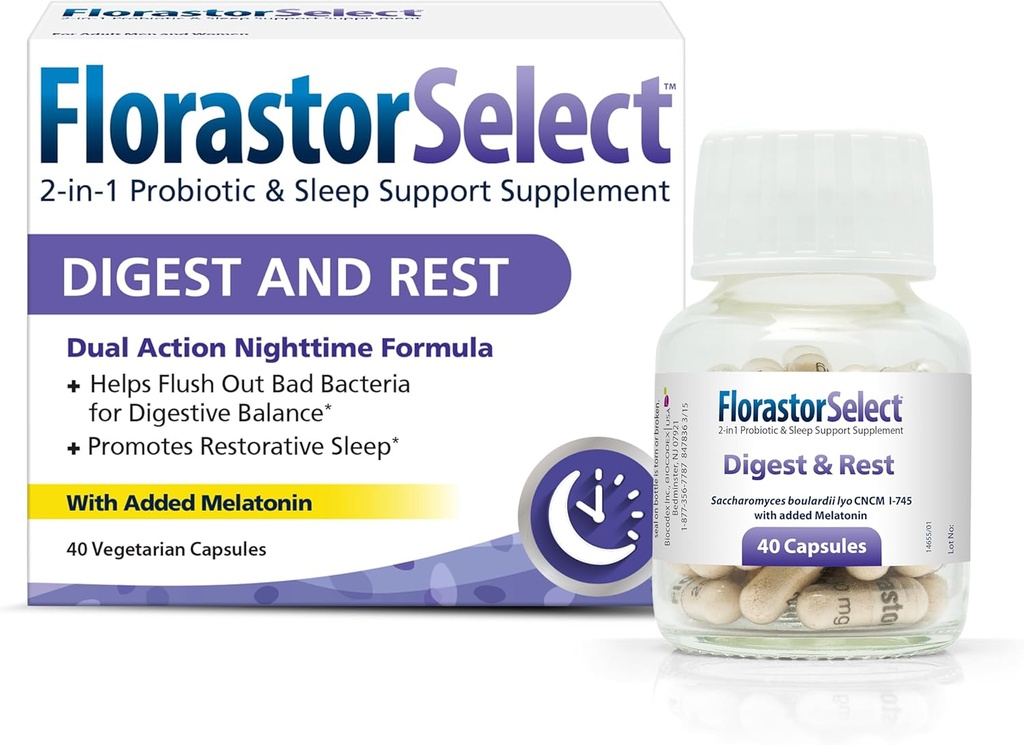 Florastor Probiootiline Digest ja Rest, Saccharomyces Boulardii Probiootikumid Melatoniiniga (4 mg), Natural Sleep Aid + seedetrakti tugi, 40 kapslit