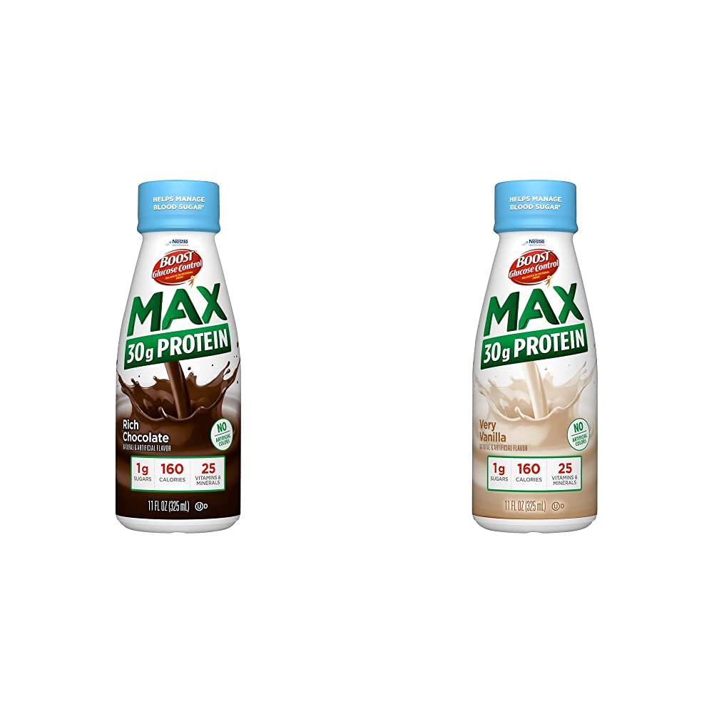BOOST Glükoosi kontroll Max 30 g valku Toitumisjook, 12 rikkalikku šokolaadi + 12 väga vanilje (pakk 24)