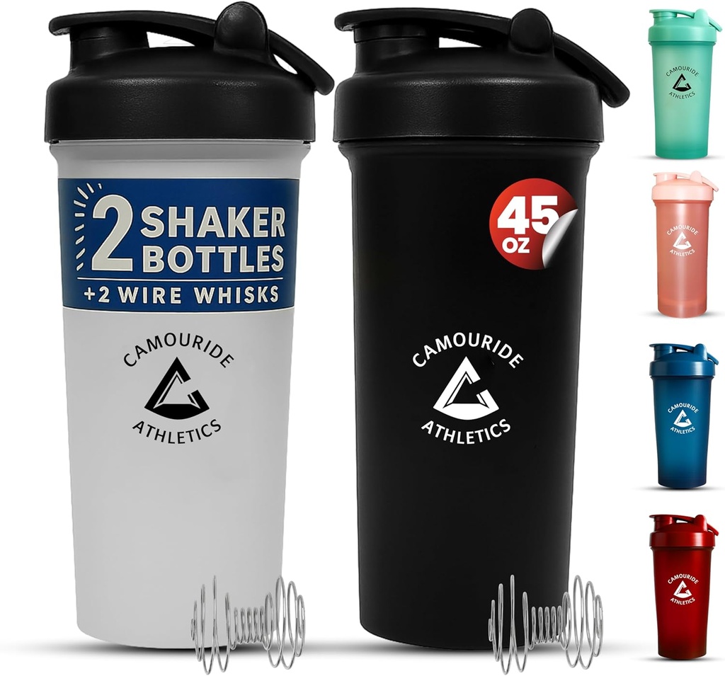 2 Pack 45 oz Protein Shaker pudelid traadiga Whisk - BPA-Free, Leak-Proof Shaker Cups Protein Shakes & Smoothies - Suur Plastist Segamispudel - Classic White & Midnight Black