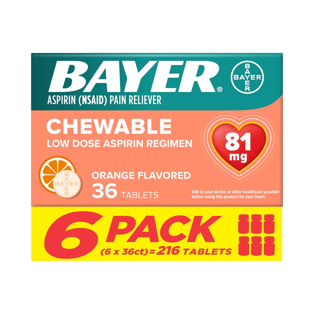 Bayer Aspirin Madal annus 81 mg närimistabletid , valu leevendav toime , oranž maitsega 216 tabletti ( 6 pakendit )