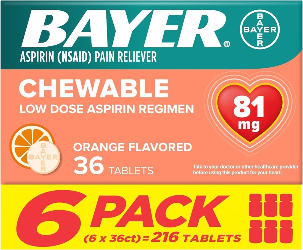 Bayer Aspirin Madal annus 81 mg närimistabletid , valu leevendav toime , oranž maitsega 216 tabletti ( 6 pakendit )