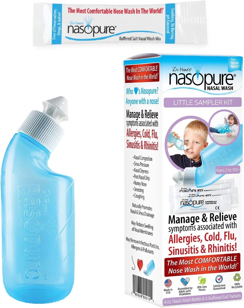 Nasopure Nasali pesu, Little Sampler Kit, “The Nicer Neti Pot” Sinus Wash Kit, Mugav Nasali loputamine 4 Oz Pudel & 4 soolapakend (3,75 Gr Iga), Nina ummistus, külm, allergia, nina niisutus