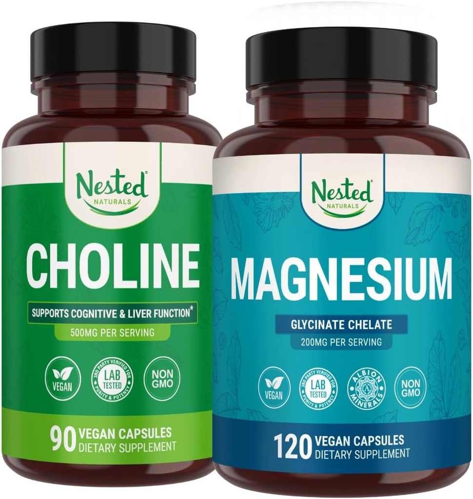 Nested Naturals Koliinbitartraat & Magneesium Glütsinaat Kelaadi Stack | Lõõgastav, Unetugi, Kognitiivne Performance (210 Count)