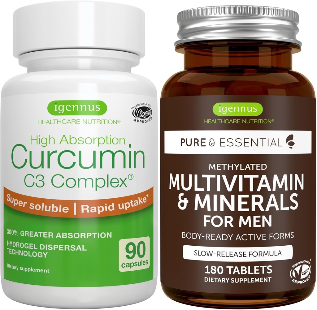 Multivitamin & Minerals for Men + High Absorption Curcumin C3 Complex, Vegan Bundle, Sustained Release Advanced Multivitamin + 300% Greater Absorption Curcuminoids with Rapid Uptake, by Igennus
