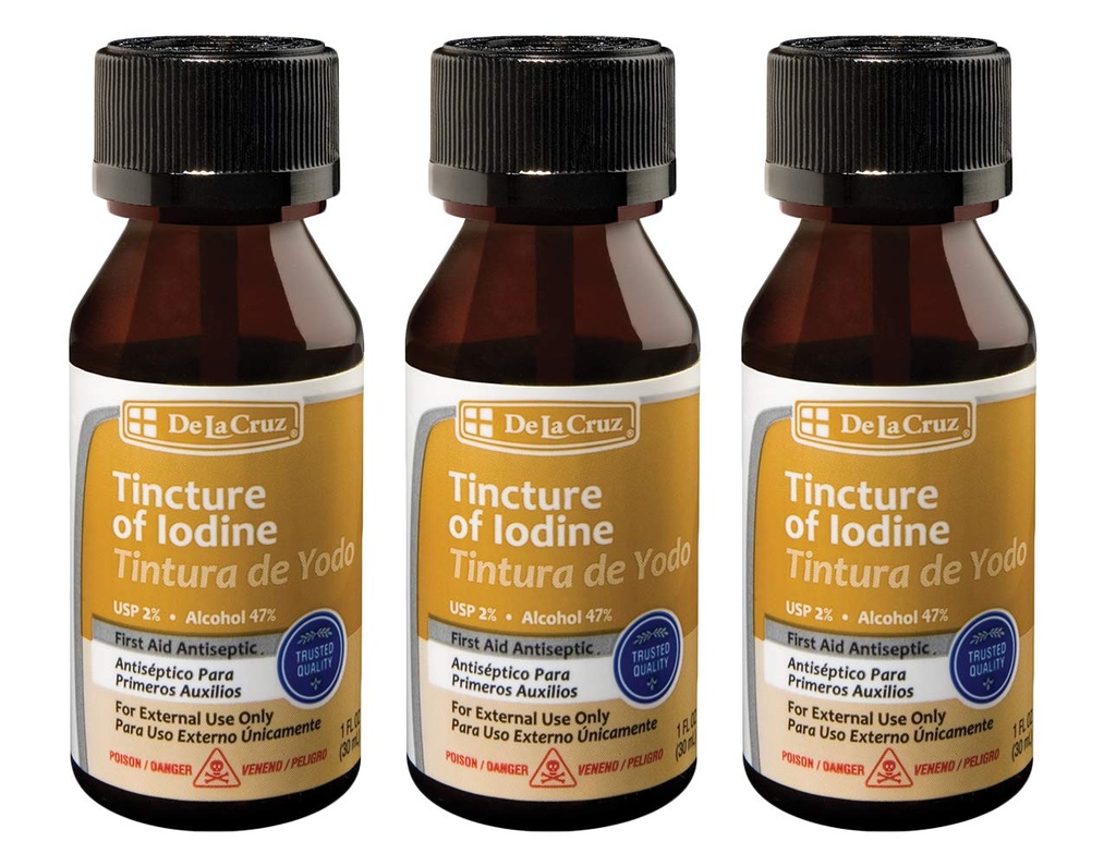 De La Cruz 2% joodi esmaabi antiseptiline, valmistatud USAs 1 FL OZ (3 pudelit)