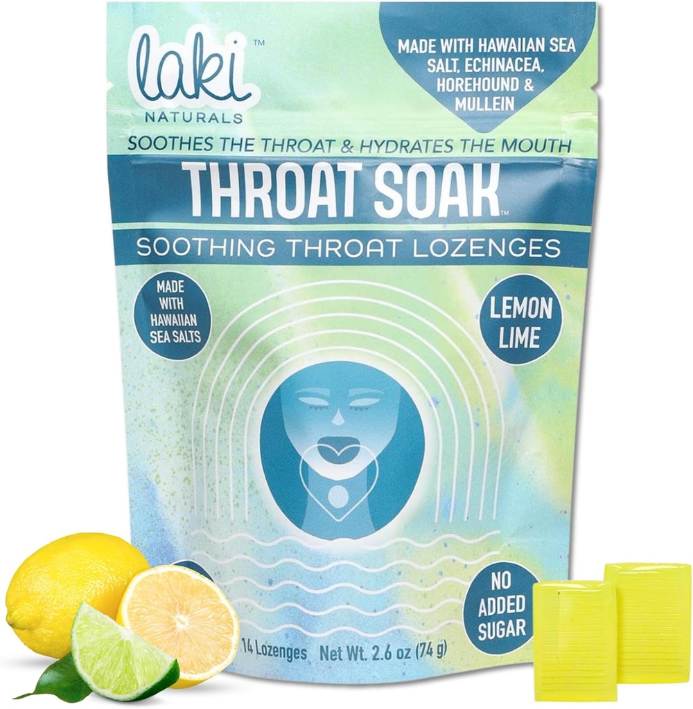 Laki Naturals Throat Soak Taimne kurk Lozenges (14 Ct) - Havai mere sool Sore Kurk & kuiv suu rahustav tilgad - Vegan, Non-GMO, Sugar-Free & Gluteenivaba Magusad ja Soolased Taimsed Kommid