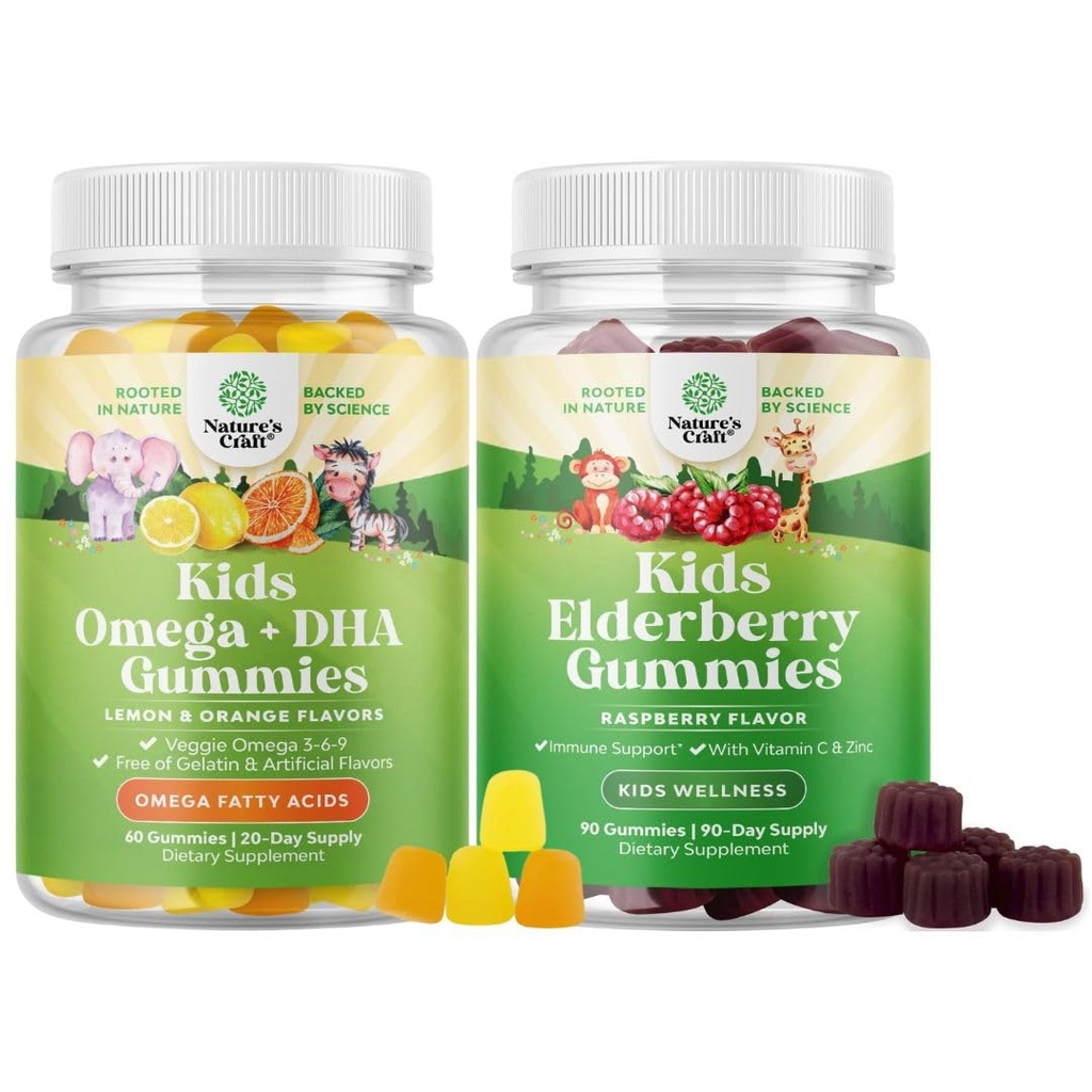 Bundle of Kids DHA Omega 3 Gummies - Rasvhapped Omega 3 6 9 Aju immuunsüsteemi tugevus ja visioon - Toitumisalane DHA ja Sambucus Elderberry Gummies for Kids Health - Tsink ja C-vitamiin immuunsuse toetamiseks