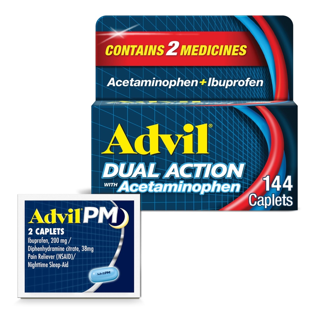 Advil Dual Action atsetaminofeeni ja ibuprofeeniga (2 annuse ekvivalent) 8-tunnise valu leevendamiseks, kaetud 144 Ct kapslit ja 2 Ct. Advil PM proovi