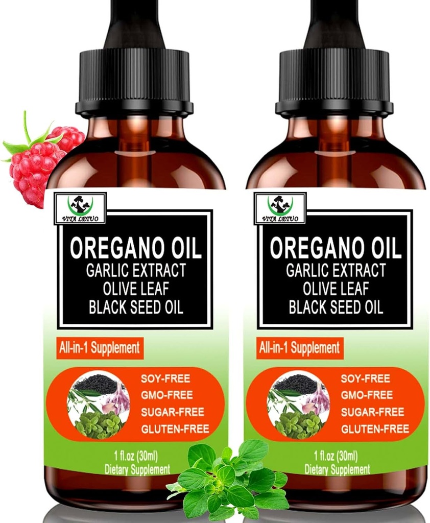 (2 Pack) Orgaaniline orgaaniline õli mustade seemnete õliga immuunsuse, seedetrakti ja antioksüdandi jaoks, w / kollane leedripuu hooajaline tugi 6X absorbeerimine Vedel Oregano tilgad