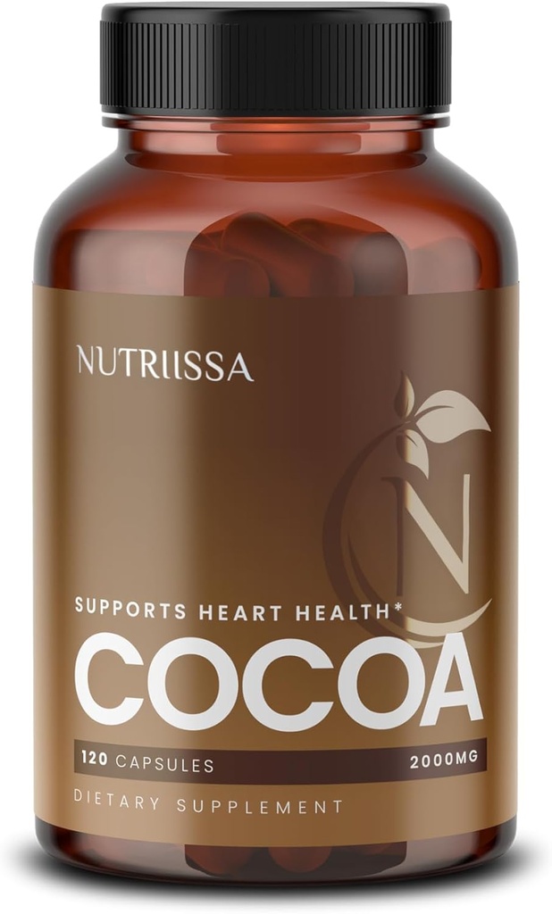 Nutriissa kakaokapslid 2000mg - täiustatud südame tervis, lämmastikoksiid ja vereringe tugi - 500mg kakao Flavanols per Serving - EPEB Certified for Purity & Potency - Vegan, 120 kapslit, 40 Servingut