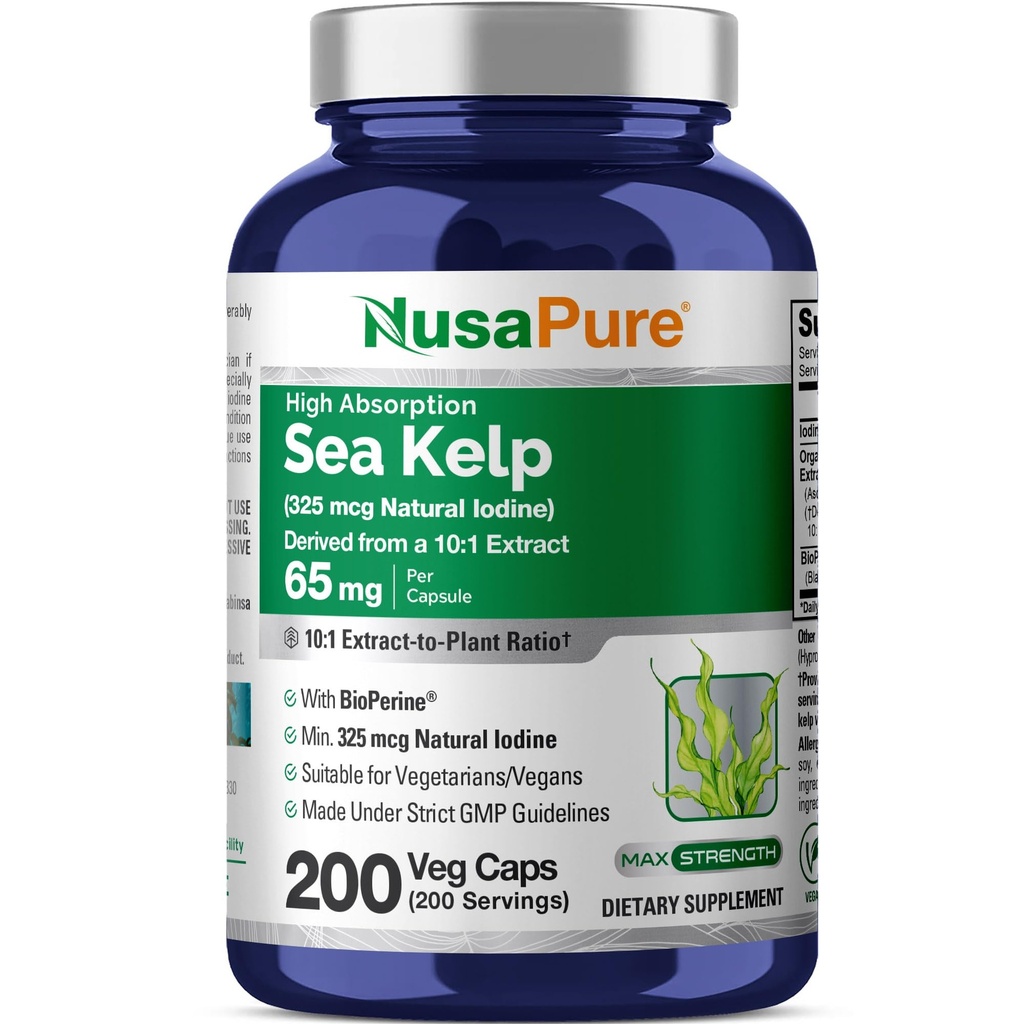 NusaPure Sea Kelp Natural Iodine 325mcg 10: 1 Extract, 65 mg ekvivalentne 650 mg Capsule 200 Count (Non-GMO, Vegan)