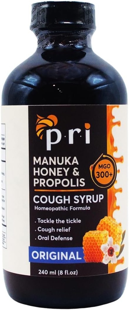 P.R.I Looduslik kuiv köha siirup Manuka mesi, propolis, teepuuõli ja C-vitamiini - valulik kurk ja immuuntoetus, originaalne maitse 8oz