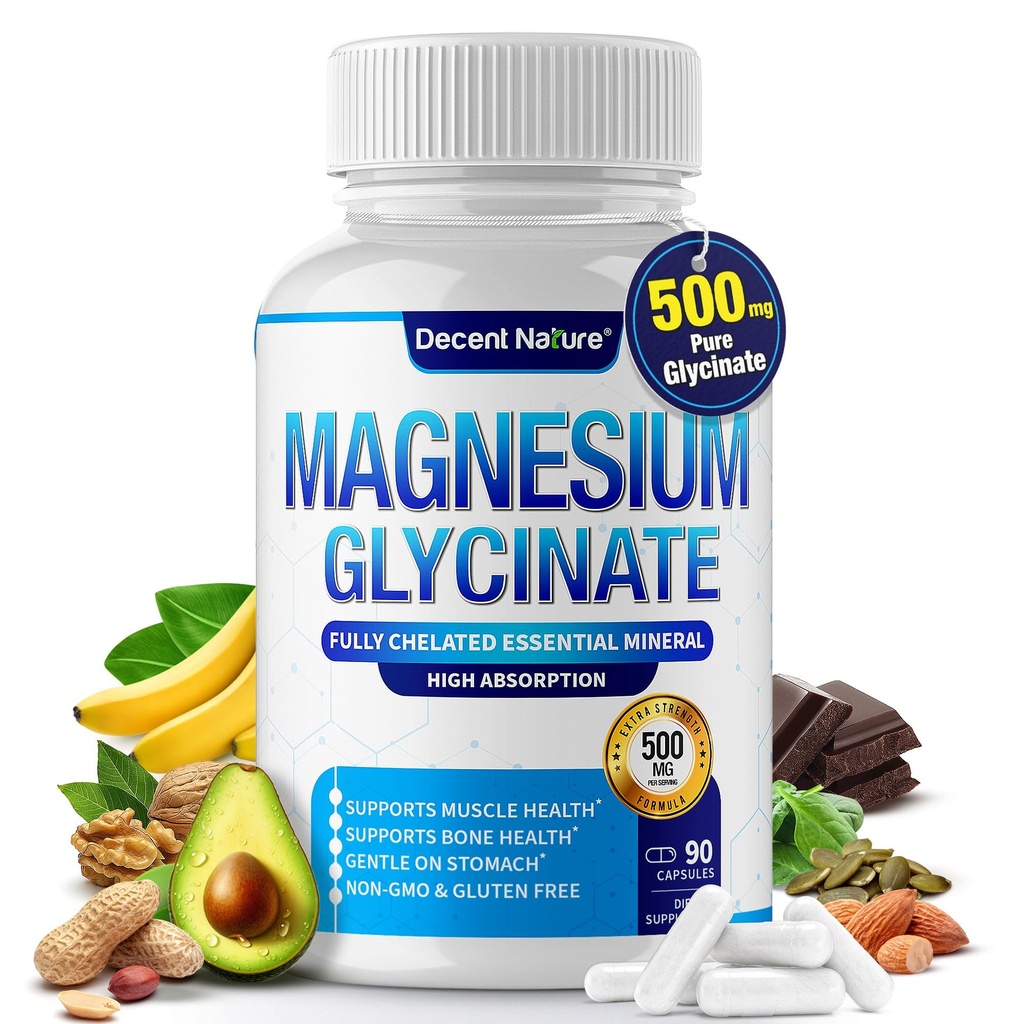 Magneesiumglütsinaat 500mg Magneesiumilisand - Kelaaditud kõrge imendumise ja biosaadavuse toetamiseks Une, lihased, luud, krambid, taastumine ja energia, Vegan Non-GMO 90 kapslid