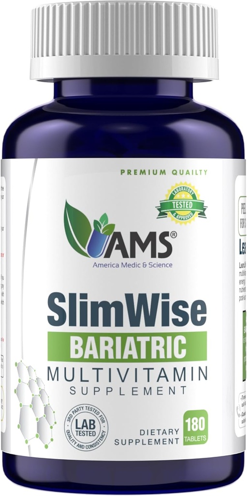 Ameerika Medic & Science SlimWise Bariatric Multivitamiinid – 180 Caplets | 2-kuuline pakkumine | Maojärgne ümbersõit & varrukate tugi | Raud, B12, D3-vitamiin, Folaat | Kergesti neelatavad bariaatrilised vitamiinid