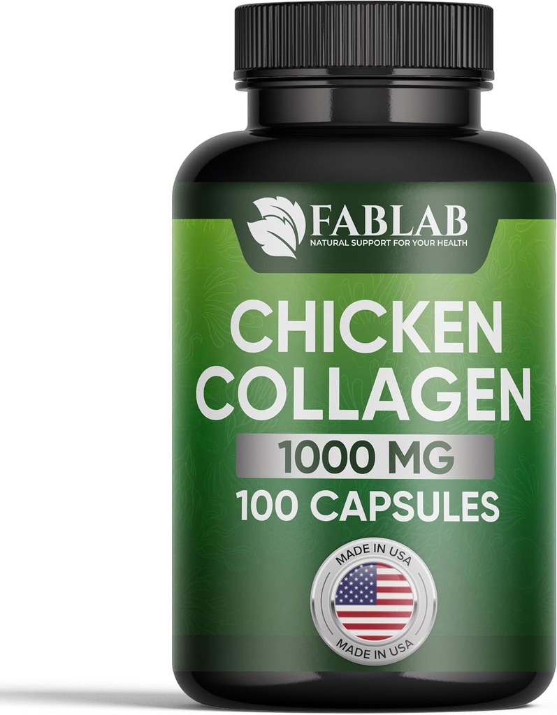 FabLab II tüüpi kana kollageeni lisand - liigeste, närvide ja luude tugi - mitte-GMO, vananemisvastane dieettoode hüdrolüüsitud peptiididega - 100 kapslit