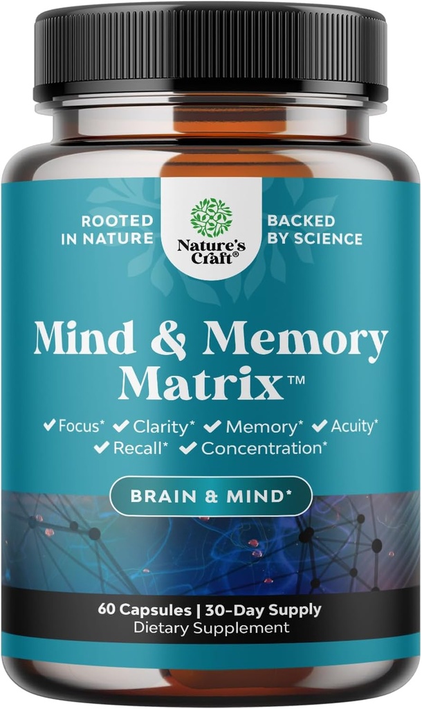 Matrix Nootropic Brain Supplement for Memory and Focus Enhancement - Vitamiinid vaimse tervise ja selgus - Kognitiivne kompleks täiskasvanutele igas vanuses Mind's Vitality - 60 kapslit