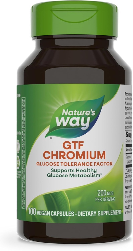 Nature's Way GTF Chromium, Glükoosi taluvustegur, toetab tervislikku glükoosi ainevahetust *, 200 μg kroomi serveerimise kohta, 100 vegankapslit (pakendamine võib varieeruda)