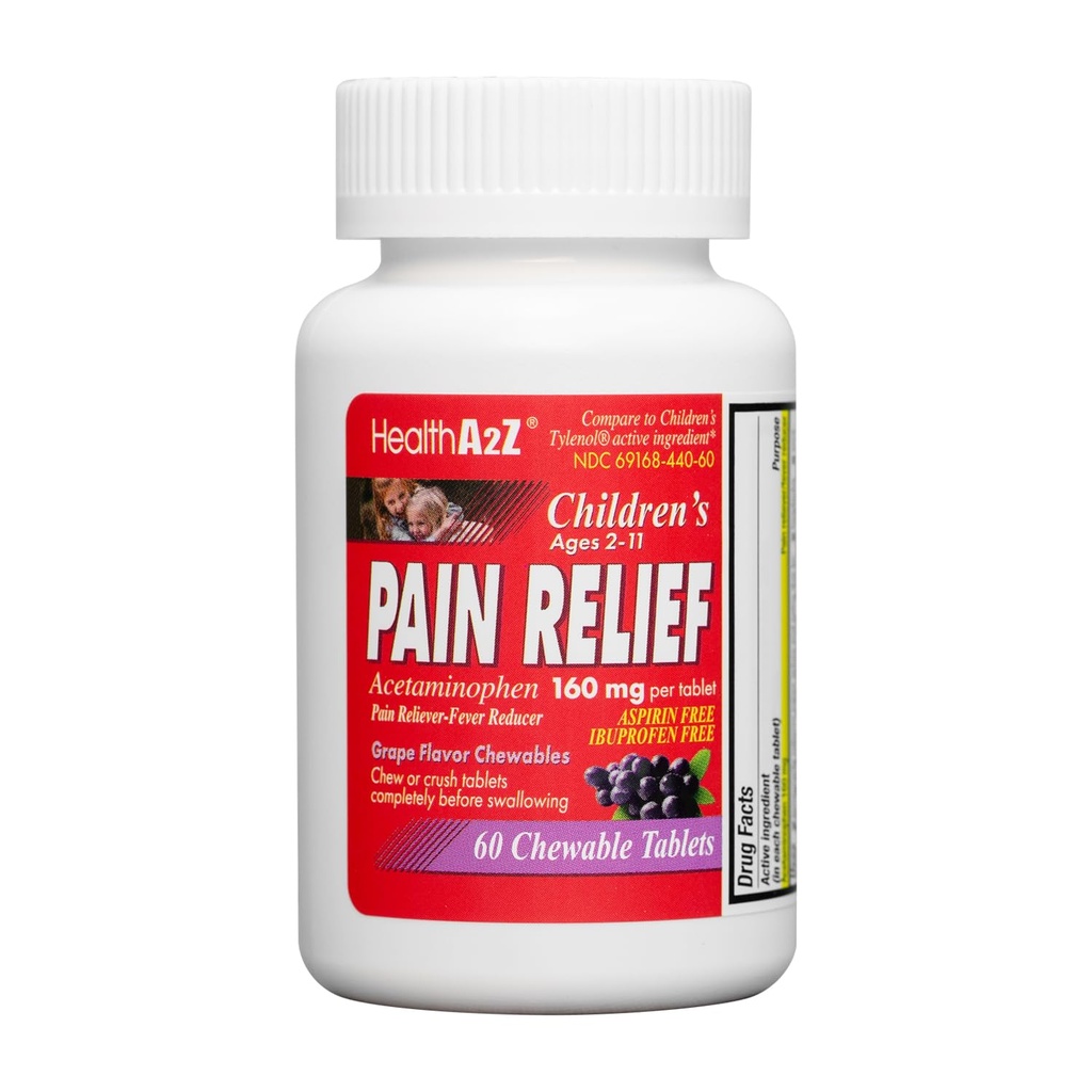 HealthA2Z® laste närimisvalu leevendamine | Acetaminophen 160mg | närimistabletid | Viinamarjamaitselised närimistabletid | Aspiriin & Ibuprofeen vaba (60 loeb)