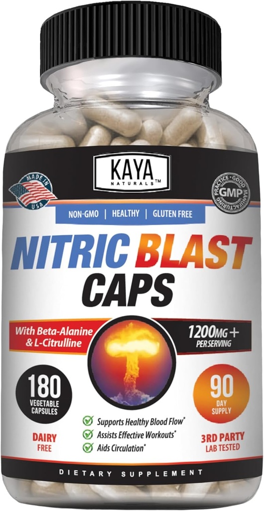 Kaya Naturals - Nitric Blast Potent All-Natural Taimne Täiendus Maksimaalne kasu tervisele | Pre-Workout | Suurenenud energia | Parem öine jõudlus (180 Count (Pack of 1)