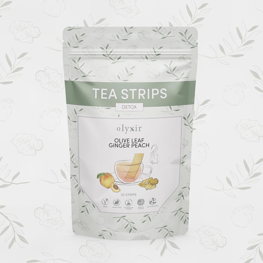 Olyxir Detox Tea Strips - Natural Olive Leaf, Ingver & Peach Maitsed - Instant, Energizing, Organic, Paleo, Vegan, Non-GMO | 25 Ct