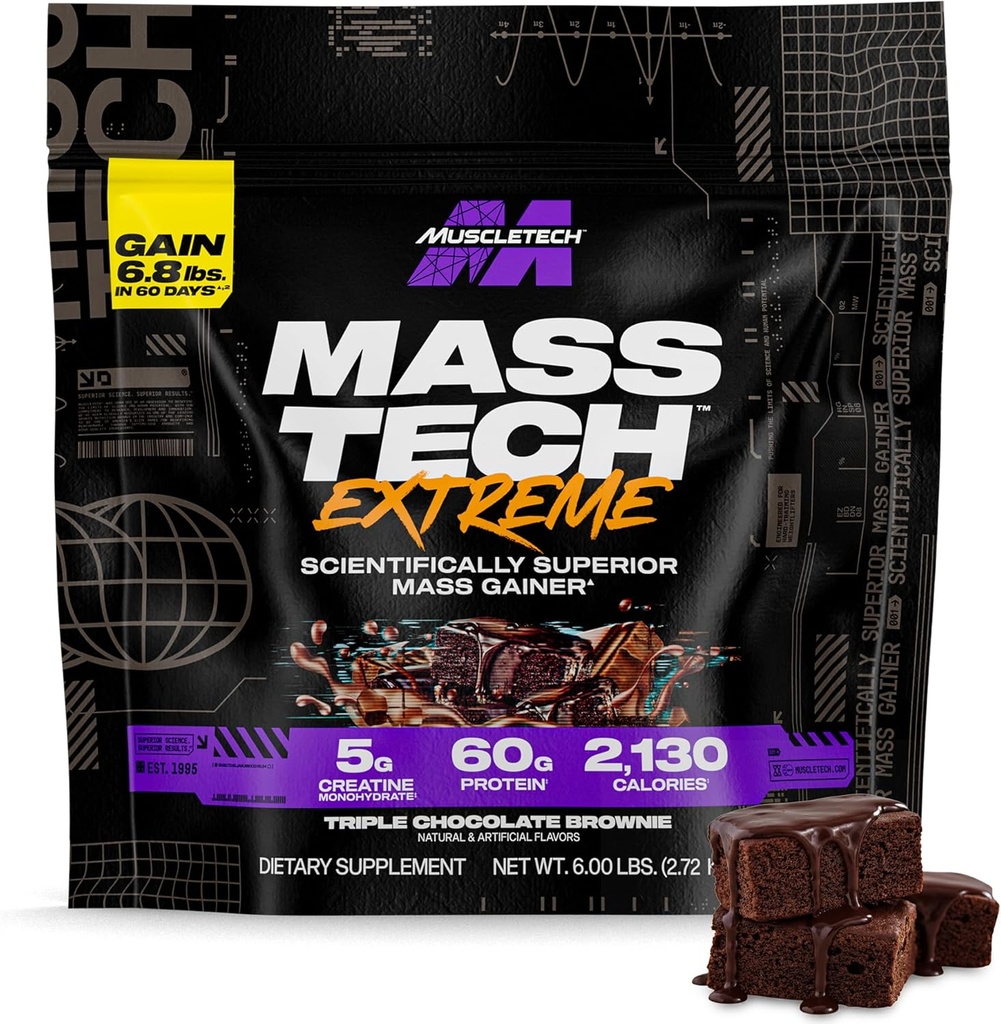 Muscletech High-Protein Mass Gainer (Triple Chocolate Brownie, 6LB) - Mass Tech Extreme 2000 Mass Gainer Valgu Powder Supplement - Kaalu Gainer suurendada lihaseid, tõhustatud taastamine ja tugevus