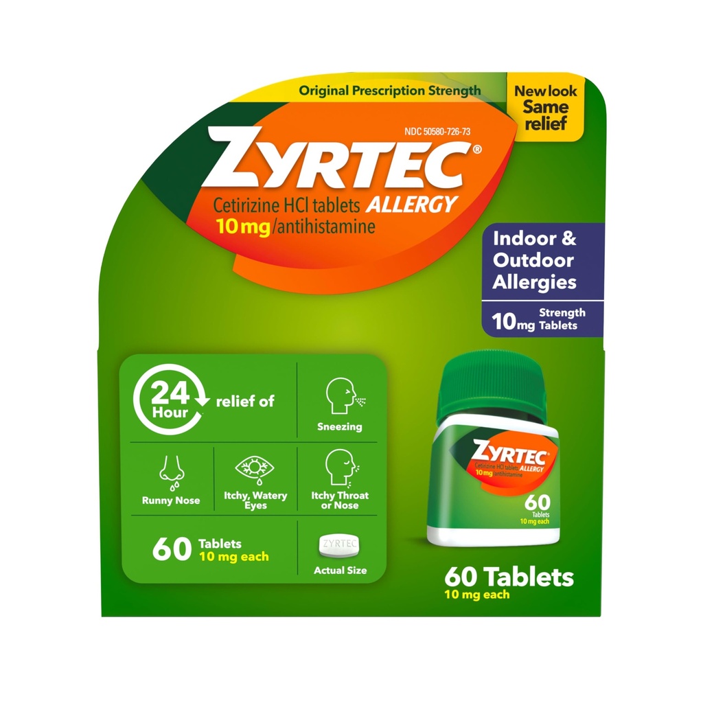 Zyrtec 24-tunnise allergia leevendamise tabletid, sise- ja välisallergiameditsiin 10 mg tsetirisiini HCl-ga antihistamiini tableti kohta, allergia leevendamine, 60 arv.