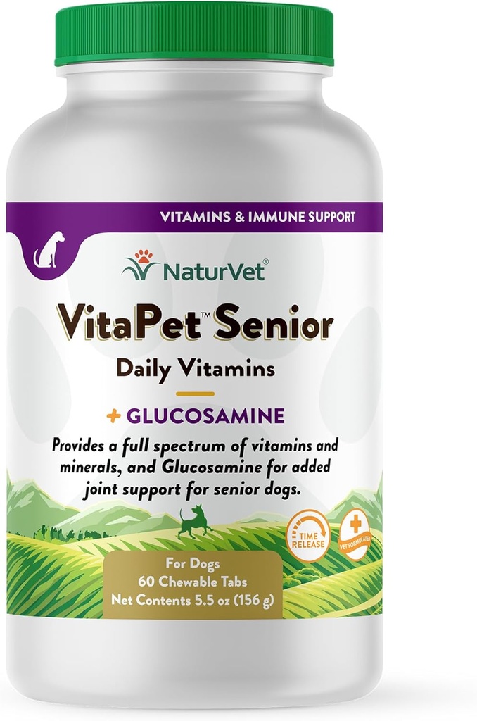 NaturVet – VitaPet Senior Daily Vitamiinid Vanematele Koertele – Pluss Glükosamiin – Vitamiinide ja mineraalide täisspekter – Täiustatud Glükosamiiniga Lisatud Ühine Tugi – 60 Aeg vabastavat tabletti