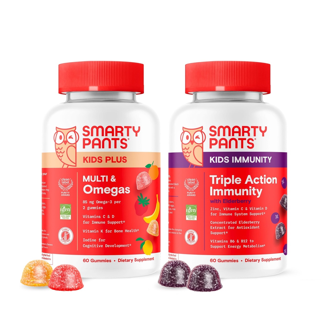 SmartyPants Kids Multivitamiin Gummies ja immuunsus Elderberry Gummies Bundle: Kids Multi koos üle 15 igapäevase toitainete ja Elderberry Immune Support Supplement, 30 päeva pakkumine