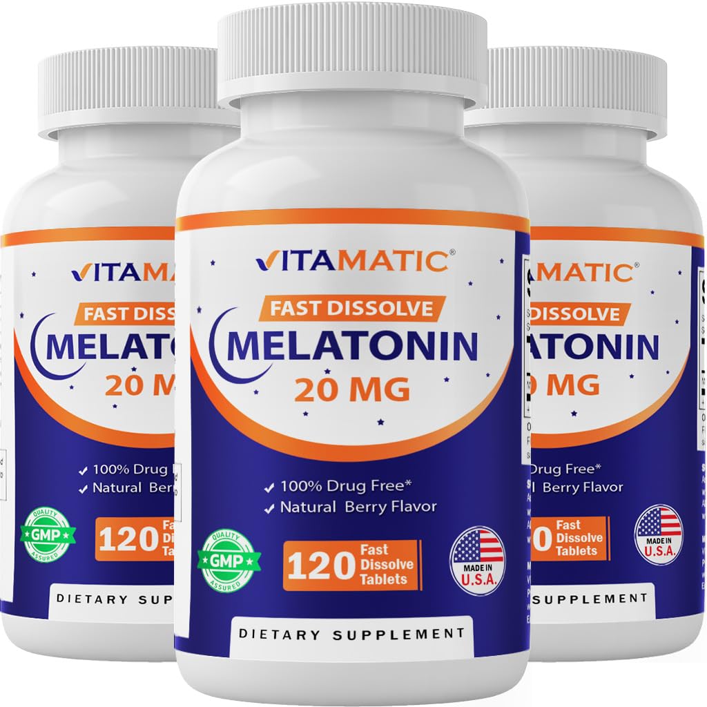 Vitamatic Melatonin 20 mg tabletid | Taimetoitlane, mitte-GMO, gluteenivaba | SUUR 20 MG | looduslik marjalõhn (1/2 tabletti = melatoniin 10 mg) (120 loend (3. pakk))