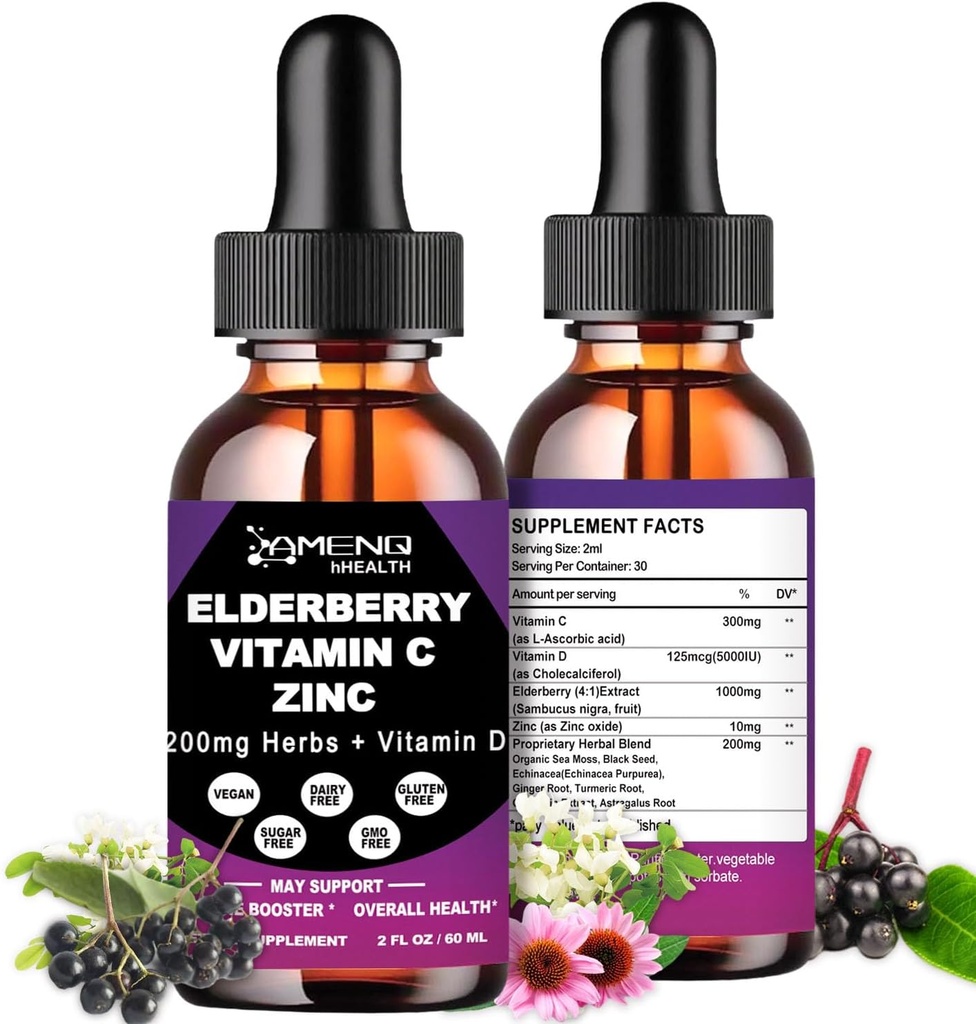 Orgaaniline Elderberry Syrup, Liquid tilgad Elderberry C-vitamiin ja tsink täiskasvanutele, 11-in-1 Sambucus Black Elderberry Tinktuur w / vitamiin D3, Sea Moss Black Seed, Elderberry Immune Support Supplement