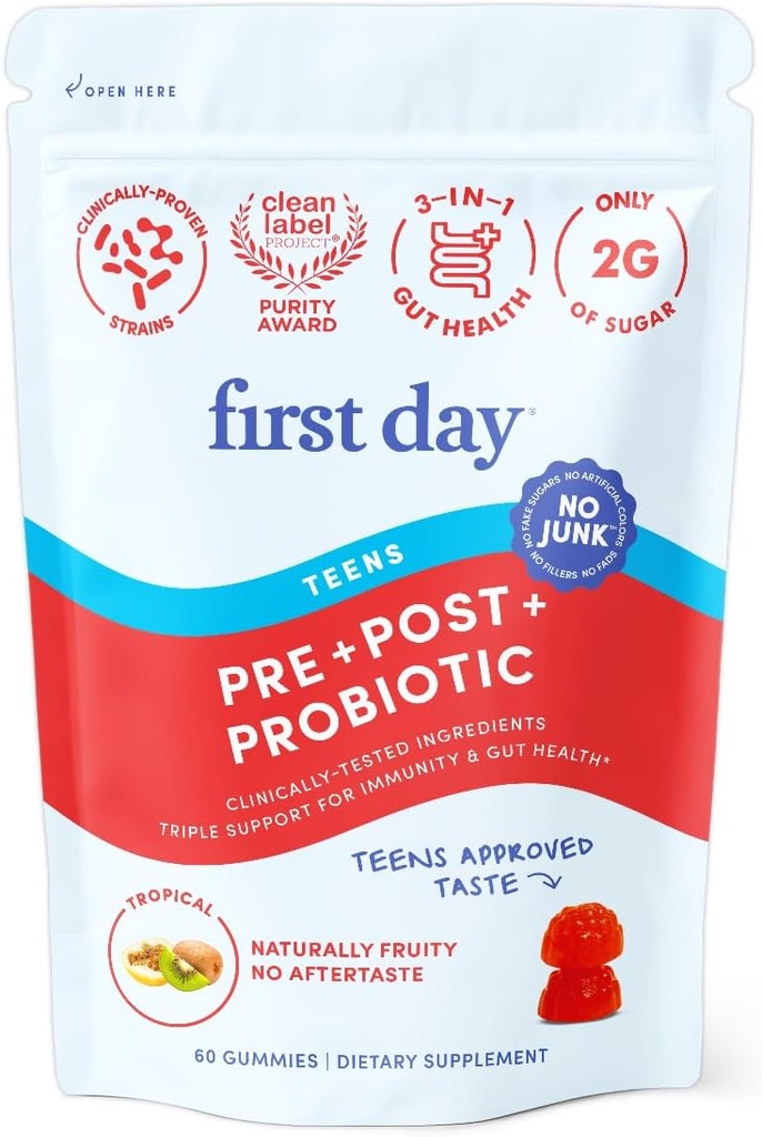 FIRST PÄEV Teismeliste soolestikus Sustainer Tribiootilised Gummies - 3-in-1 prebiootikumid, probiootikumid ja postbiootilised toidulisandid - toetab seedetrakti, naha, suu ja immuunsüsteemi tervist, toitainete imendumist ja kasvu - 30-päevane pakkumine