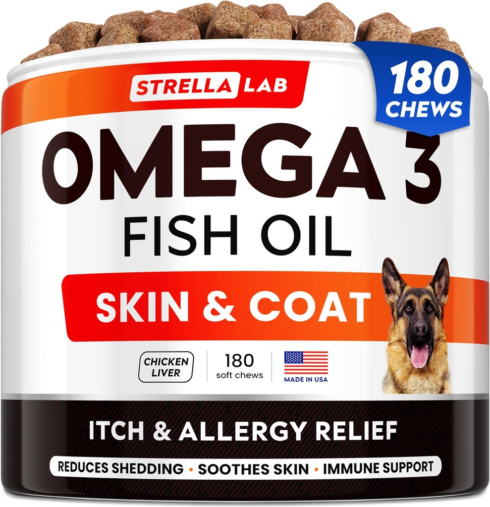 StrellaLab Fish Oil Omega 3 Treats for Dogs (180 Treats) - Allergia & Itch Relief - Naha & Coat Supplement - Joint Health - Wild Alaskan Salmon Oil - Shedding, Itchy Skin Relief - Omega 3 6 9 - EPA & DHA