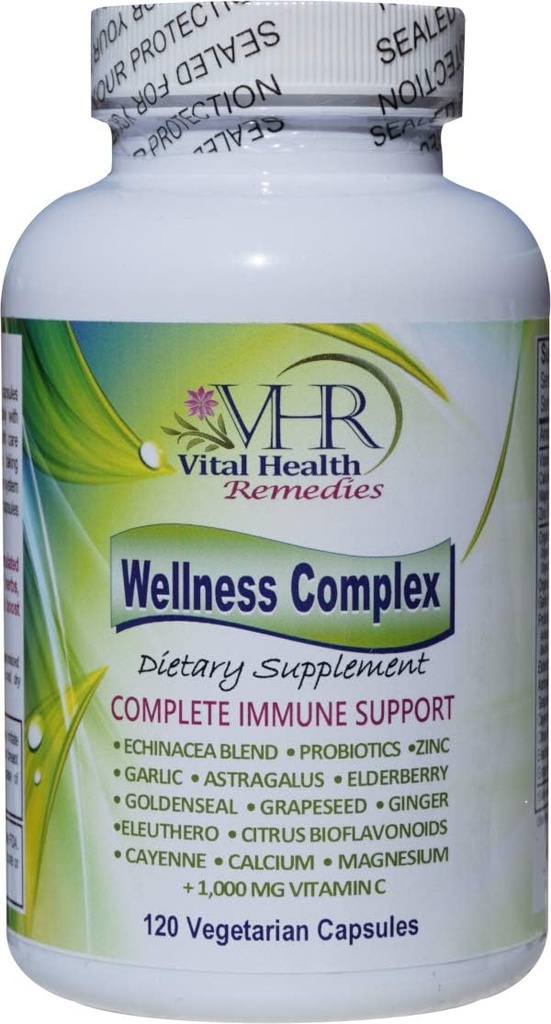 VHR Wellness Complex Immune Boosting Formula koos Echinacea, Goldenseal, Küüslauk, Probiootikumid, Elderberry, Astragalus, Viinamarjad, Cayenne, Bioflavonoids, Eleuthero, Ginger, VIT. C, Zinc. 120 Veg caps