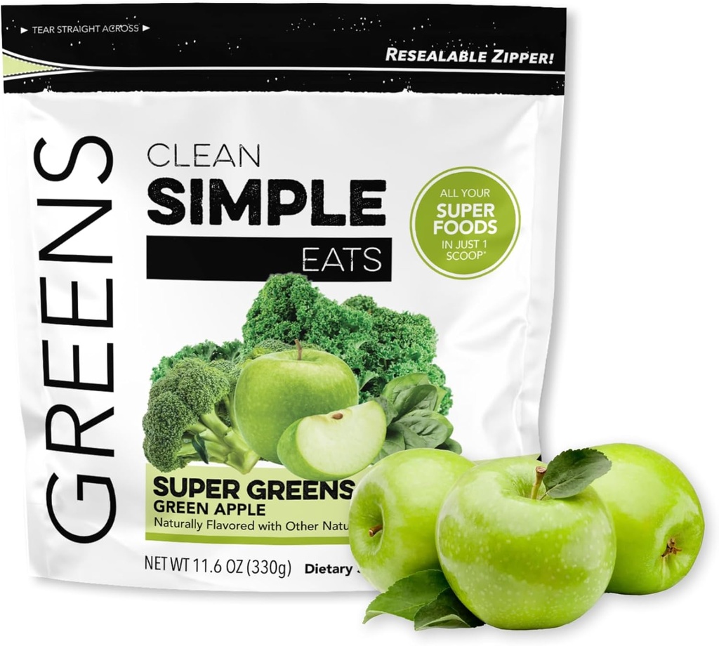 Clean Simple Eats Super Greens Pulber, looduslikult maitsestatud rohelised Pulber Chlorella, Spirulina, Superfoods & Prebiootiline kiud, Kunstlike koostisosadeta, Gluteenivaba, Roheline Õunamaitse, 30 Servings