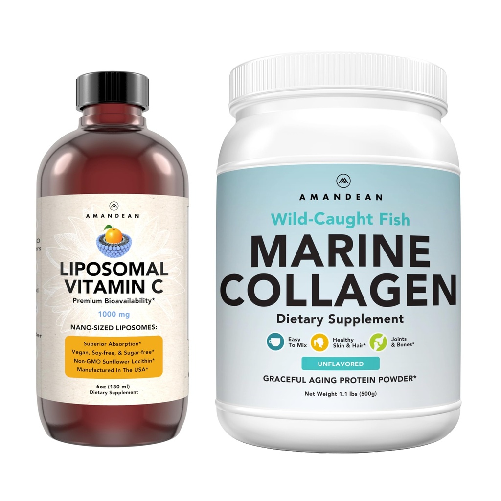 Mere kollageeni pulber + C-vitamiin - täiuslik nahk Combo seest. Looduslikult püütud tursakala peptiidid, Liposomal VIT C Vedel 1000mg. Boost tootmine ja süntees tervislikuks vananemiseks, ilu, heaolu.