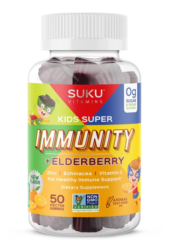 SUKU vitamiinid - Kids Super Immunity - Elderberry, Echinacea, A-vitamiini ja tsinkkummid immuunsuse toetamiseks - lihtne närida - Non GMO, gluteenivaba - granaatõuna laimi kummi vitamiinid, 50 krahv