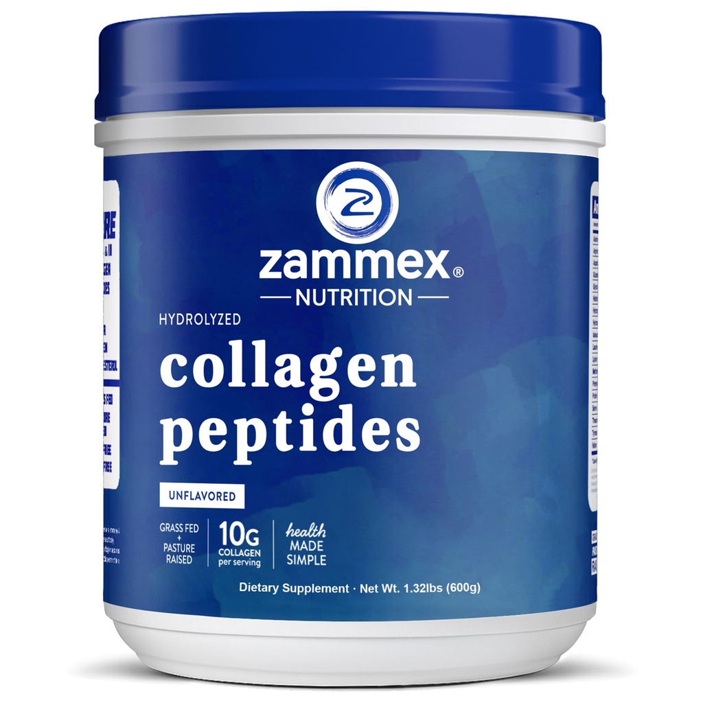 Zammex Premium kollageenpeptiidid Pulber Maitsestamata, Hüdrolüüsitud valgud Tüüp I & III, Toetab Juukseid, Nahka, Küüneid, Liigeseid, Rohusööta, Mitte-GMO, Gluteenivaba, Palee & Keto Sõbralik,60 Servingud