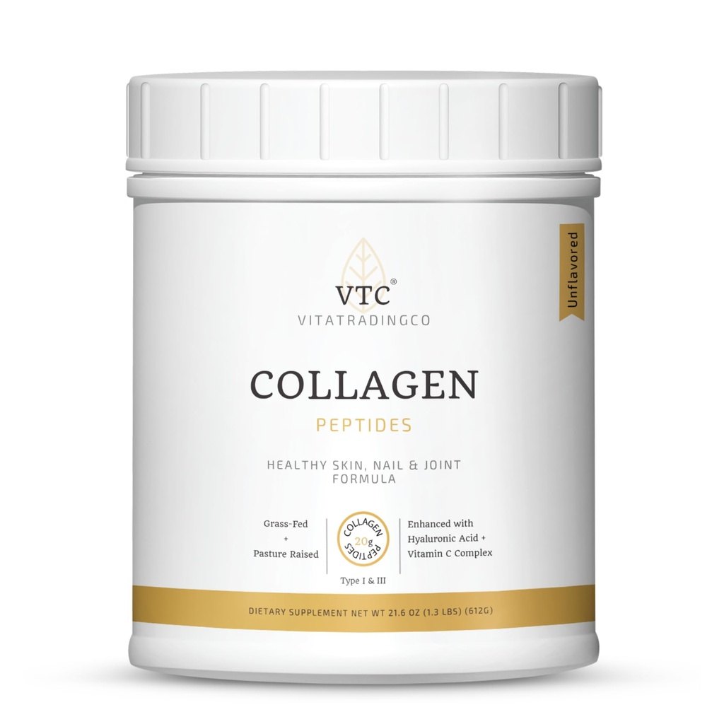 VTC VitaTradingCo. Grass-Fed Collagen Peptides Pulber | Tüüp I & III | Hüaluroonhape & Vitamiin C | Terved juuksed, nahk ja liigesed | Mitte-GMO, Paleo, Keto | 30 Servings (maitsestamata)