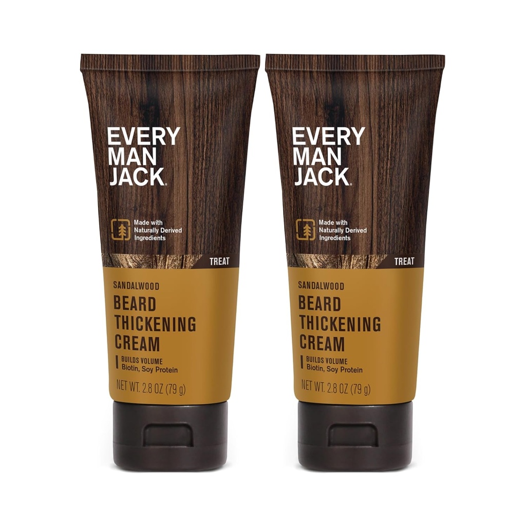 Every Man Jack Beard Thickening Cream - Strengthens, Thickens, Nourishes Beard - Light Sandalwood Scent - Made with Naturally Derived Ingredients like Biotin, Vitamin B6, Soy Protein - 2.8oz - 2 Pack