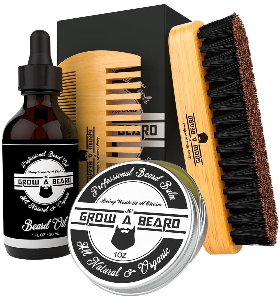 Beard Brush, Beard Comb, Beard Oil ja Beard Balm Grooming Kit meeste hooldus, Travel näo juuksed komplekt kasvu, stiili, sära ja pehmus, suured kingitused talle