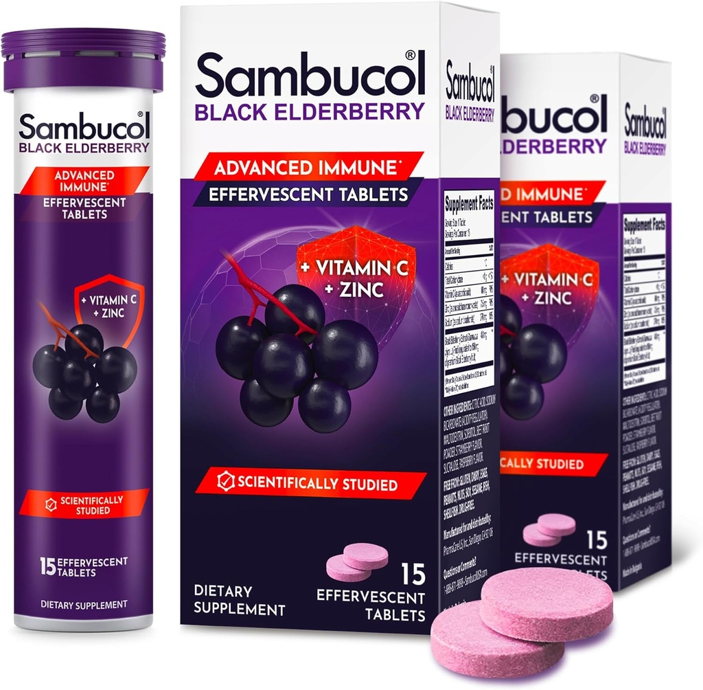 Sambucol Black Elderberry Tablets with Vitamin C & Zinc - Immune Support Supplement, Black Elderberry with Zinc and Vitamin C Effervescent Tablets, High Antioxidants, Drink Fizzies- 30 Count