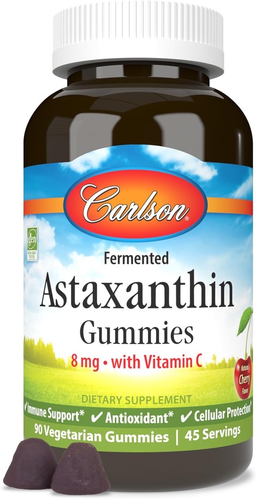 Carlson - Astaksantiin Gummies, koos C-vitamiiniga, immuunsüsteemi tugi, antioksüdant, südame tervis, mitte-GMO, kirsi maitse, 90 taimetoitlast kummikud