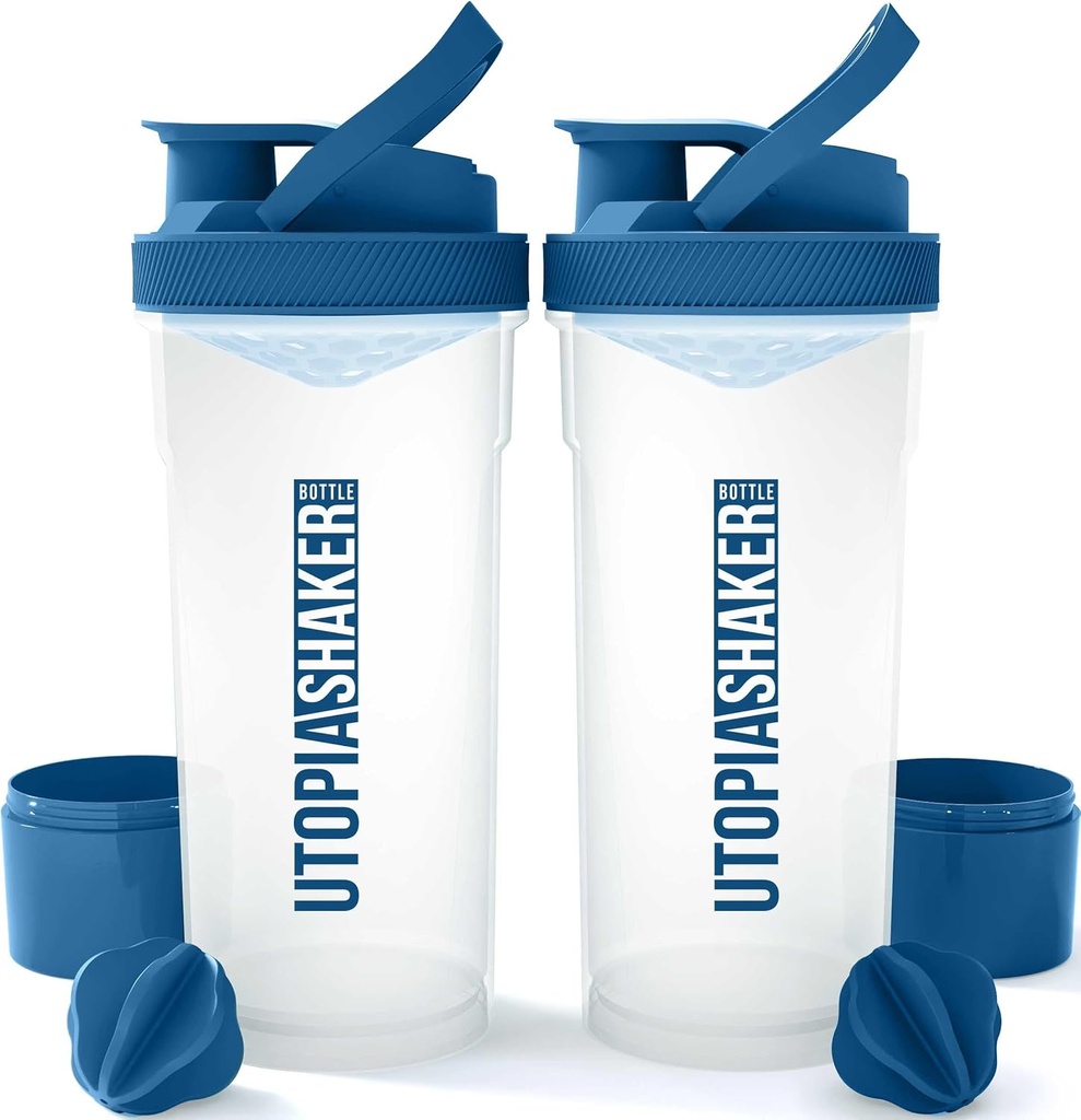 Utopia Home Shaker Bottle 2 Pack - 24 Ounce Plastic Protein või Cocktail Shaker Pudel Pre & Post treeningu Twist & Lock Protein Box Storage (Clear / Merevägi)