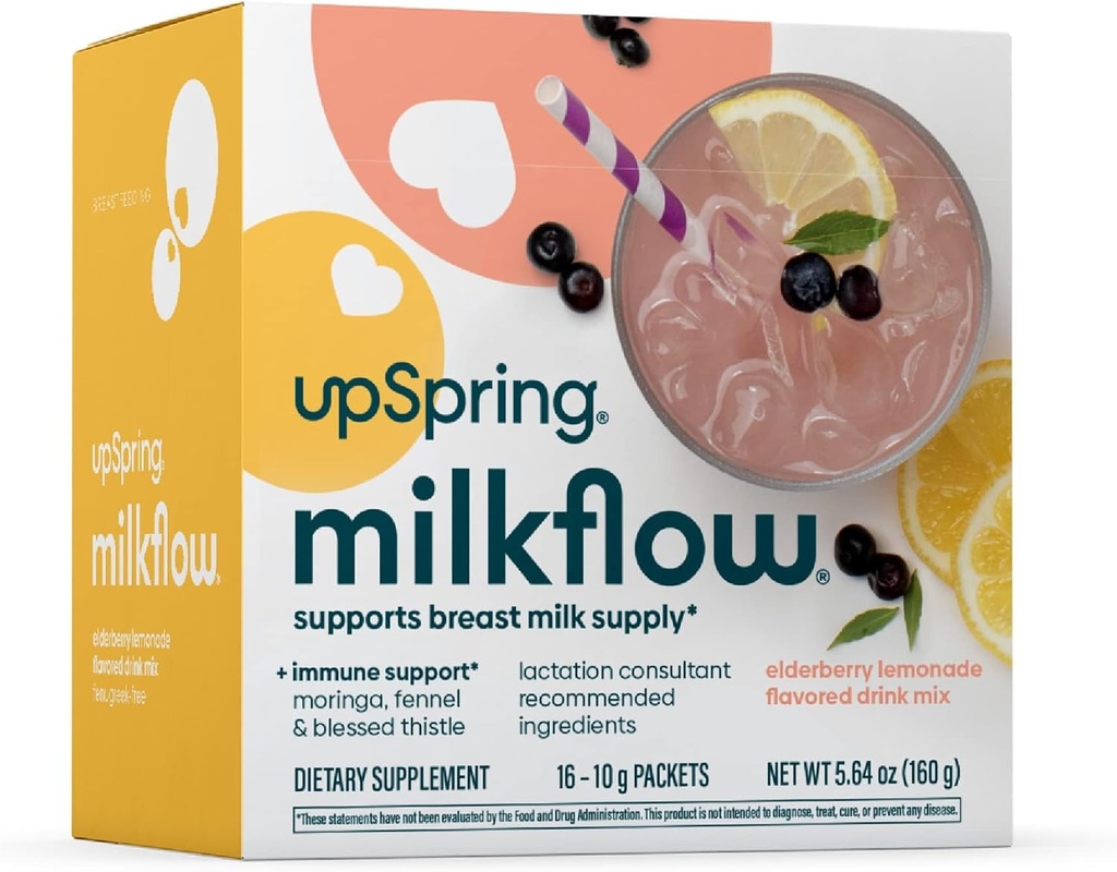 UpSpring Milkflow Immuunsüsteemi toetamine Imetamine Täiendusjook Segu lambaläätsevaba, Moringa Elderberry Lemonade Maitse, Imetamise täiendus rinnapiima pakkumise toetamiseks, 16 segu