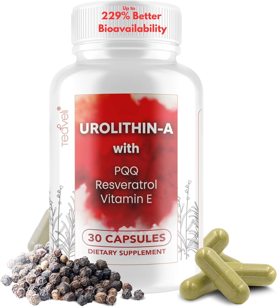 Täiustatud urolitiin A (15 servi) ja tüvirakkude täiendus 500mg urolitiin A, resveratrool, PQQ, E-vitamiin ja bioperiin - toetab NAD +, mitokondrid, lihaste tervis, terved rakud ja energia taset