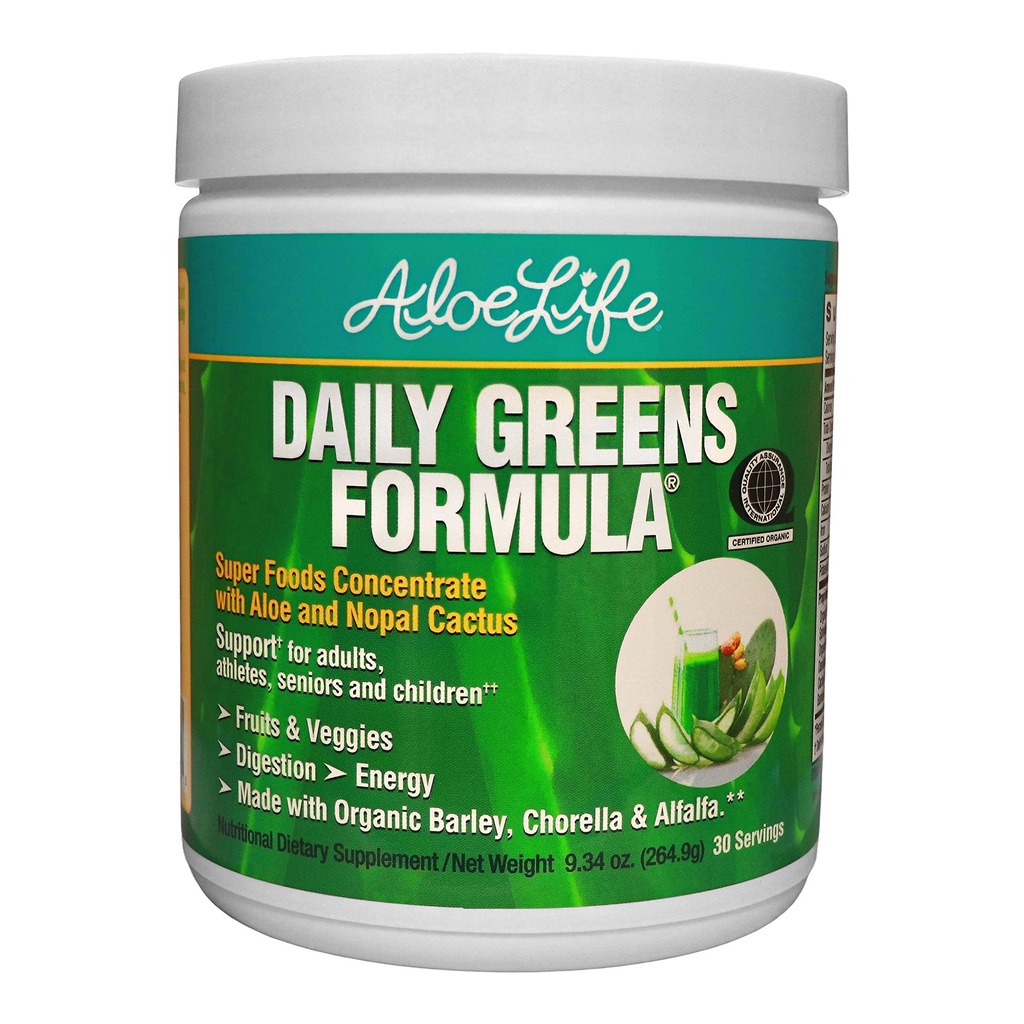 Aloe Life - Daily Greens Powder, QAI-sertifitseeritud orgaanilise tervise toidulisand, antioksüdandid, 21 puuviljad, köögiviljad ja maitsetaimed, sealhulgas Aloe ja Nopal kaktus, madala kalorsusega, Keto-sõbralik, gluteenivaba (30 serveerimist)