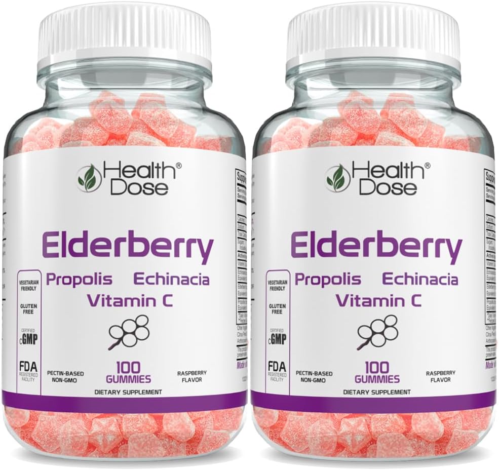 Health Dose Elderberry Sambucus Gummy Vitamins Kids 100 Gummies. koos Propolis Extract, Echinacea, C-vitamiin, Yummy Vaarika Maitse, Vegan, Gluteenivaba, Kaitse, Immune Support Booster. Pakk 2