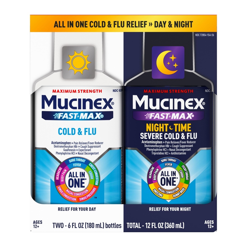 Mucinex Fast-Max Külm ja gripp & Nightshift Meditsiin täiskasvanutele, Over-The-Counter Medicdication Combo Pack valuliku kurgu leevendamiseks, dekongestant, köha & külm meditsiin (2 x 6 Fl Oz)